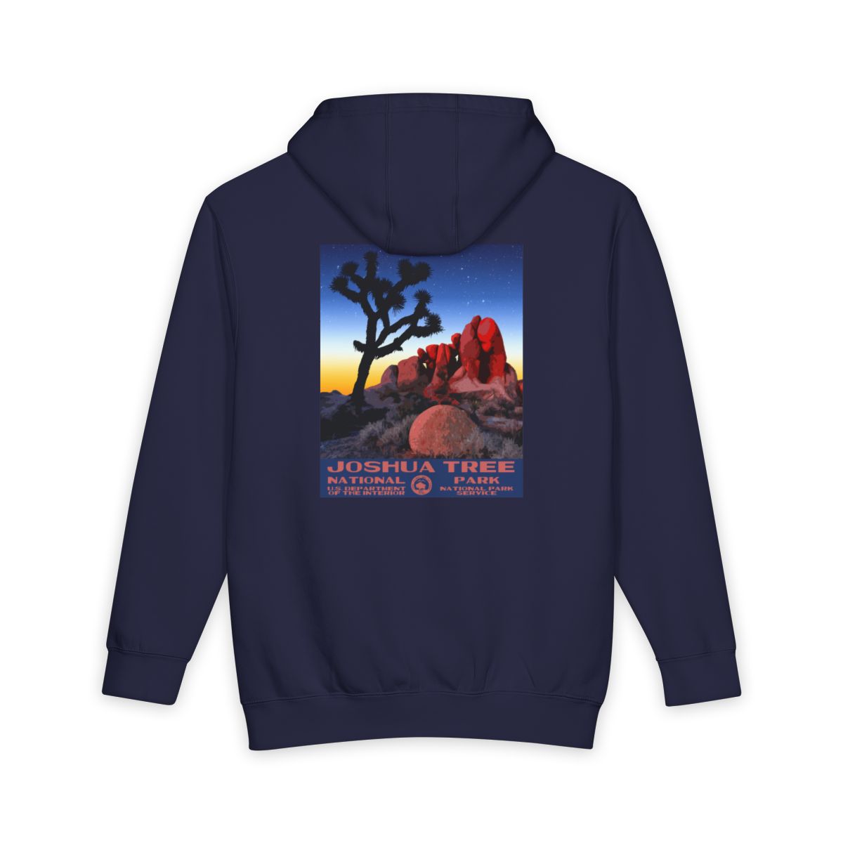 Navy Blue Joshua Tree National Park hoodie, back view with skull rock poster artwork