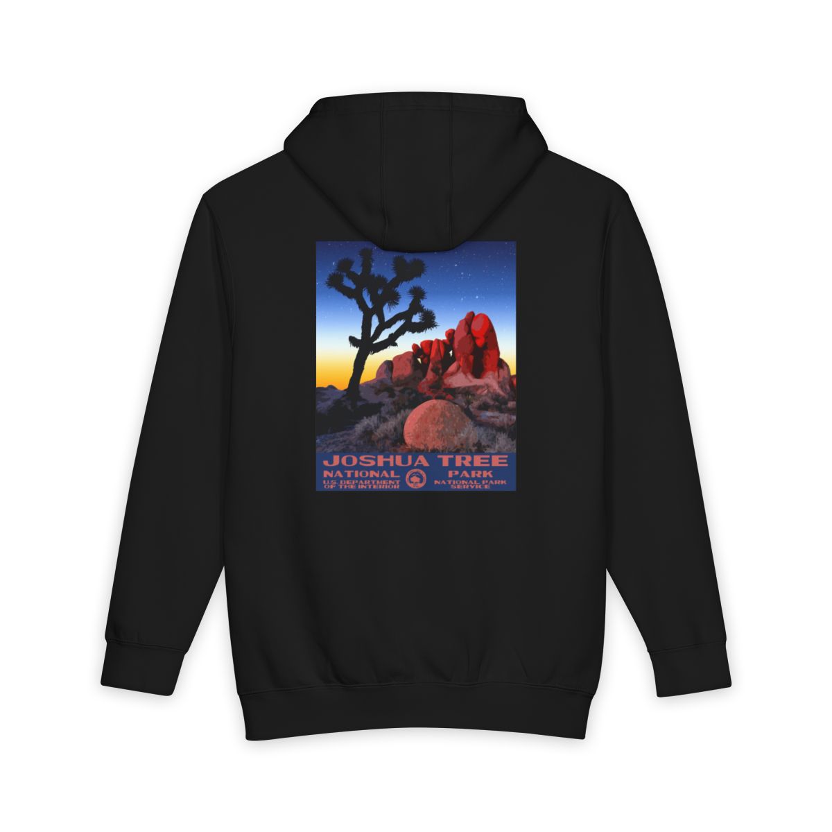Black Joshua Tree National Park hoodie, back view with skull rock poster artwork