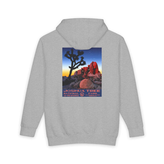 Heather Grey Joshua Tree National Park hoodie, back view with skull rock poster artwork