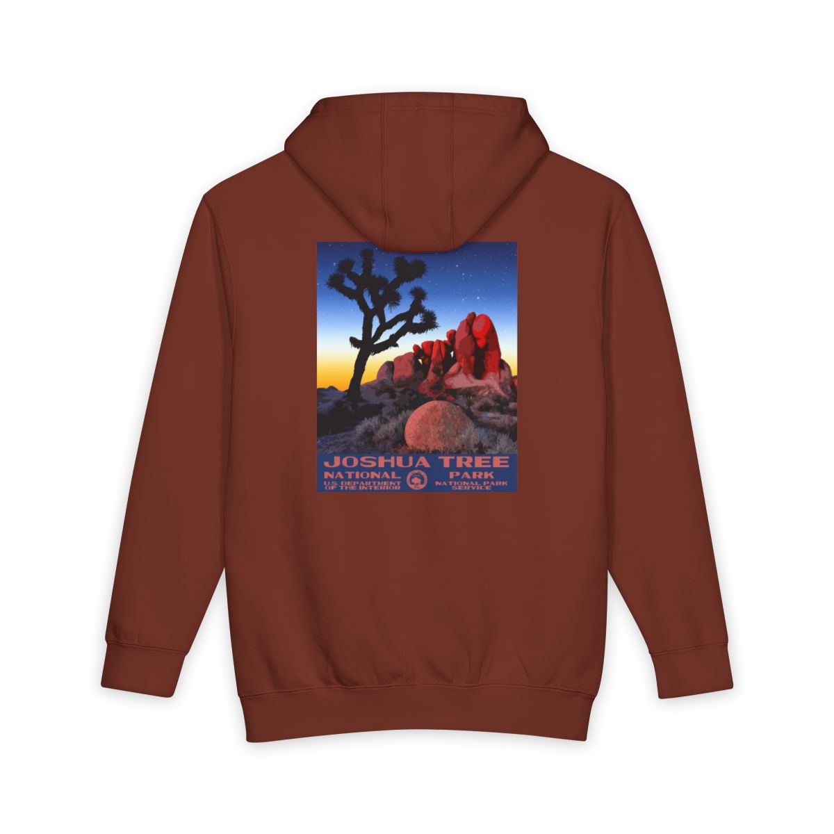 Paprika Joshua Tree National Park hoodie, back view with skull rock poster artwork