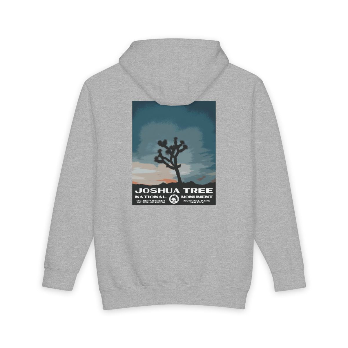 Heather Grey Joshua Tree National Park hoodie, back view with national park poster artwork