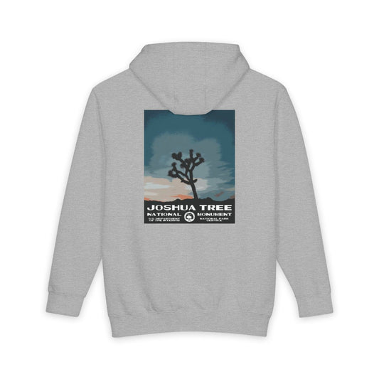 Heather Grey Joshua Tree National Park hoodie, back view with national park poster artwork