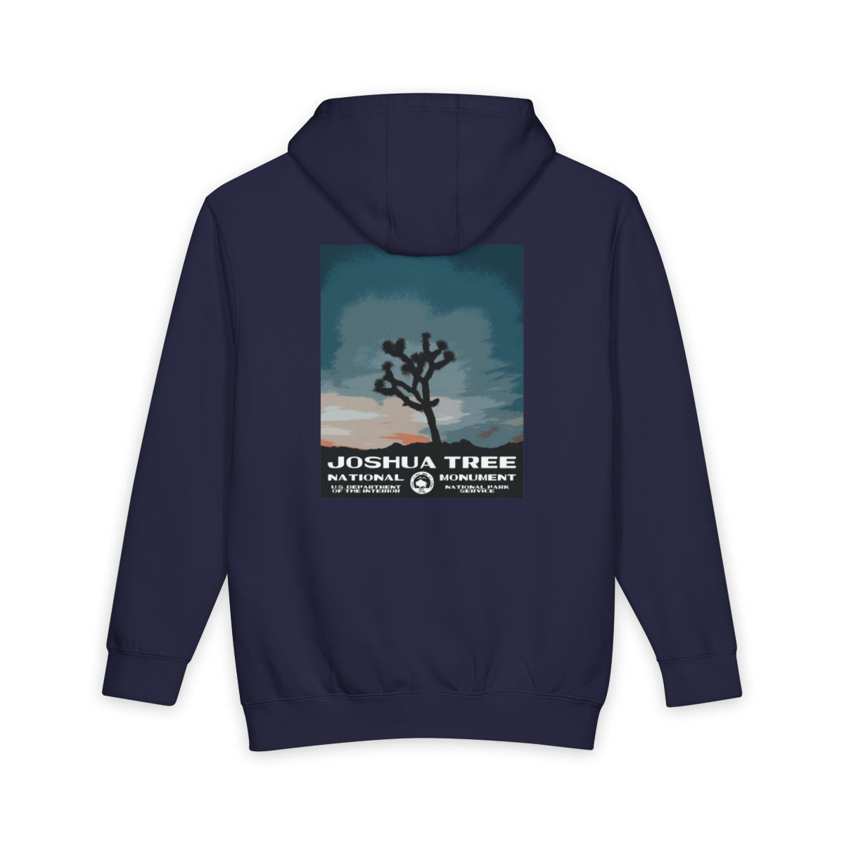 Navy Blue Joshua Tree National Park hoodie, back view with national park poster artwork