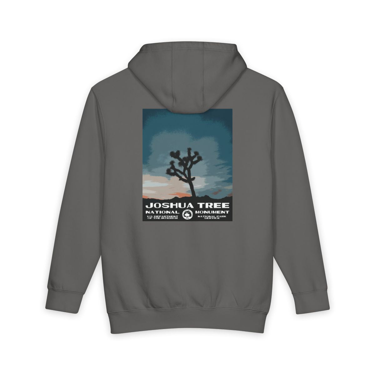Storm Joshua Tree National Park hoodie, back view with national park poster artwork