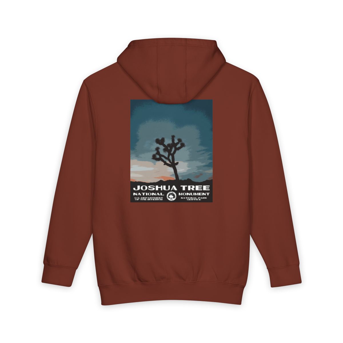 Paprika Joshua Tree National Park hoodie, back view with national park poster artwork