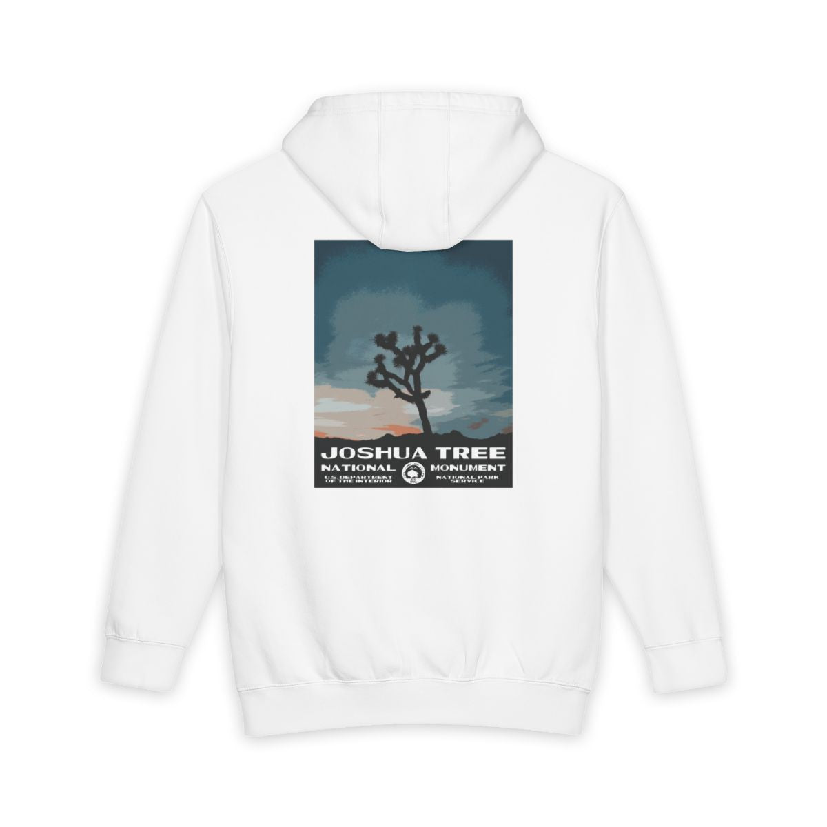 White Joshua Tree National Park hoodie, back view with national park poster artwork