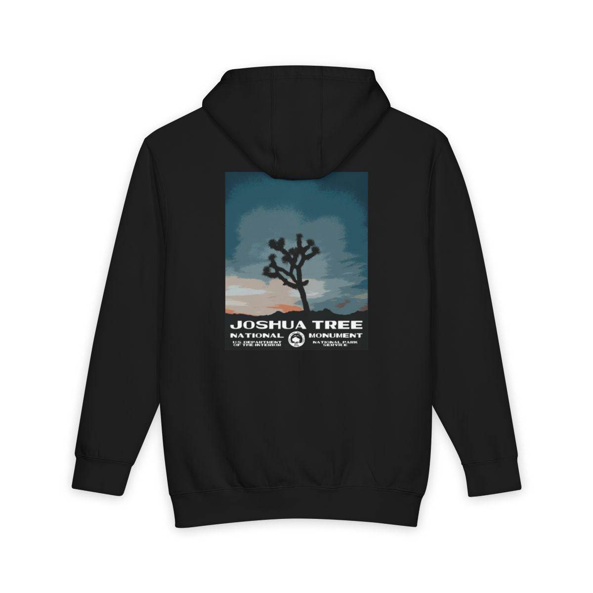Black Joshua Tree National Park hoodie, back view with national park poster artwork