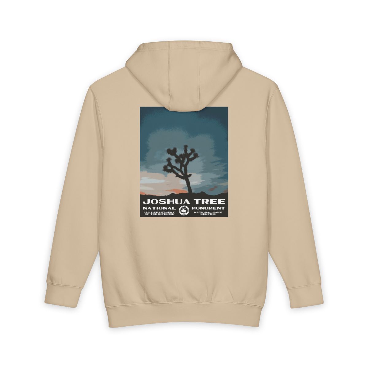 Mushroom Joshua Tree National Park hoodie, back view with national park poster artwork