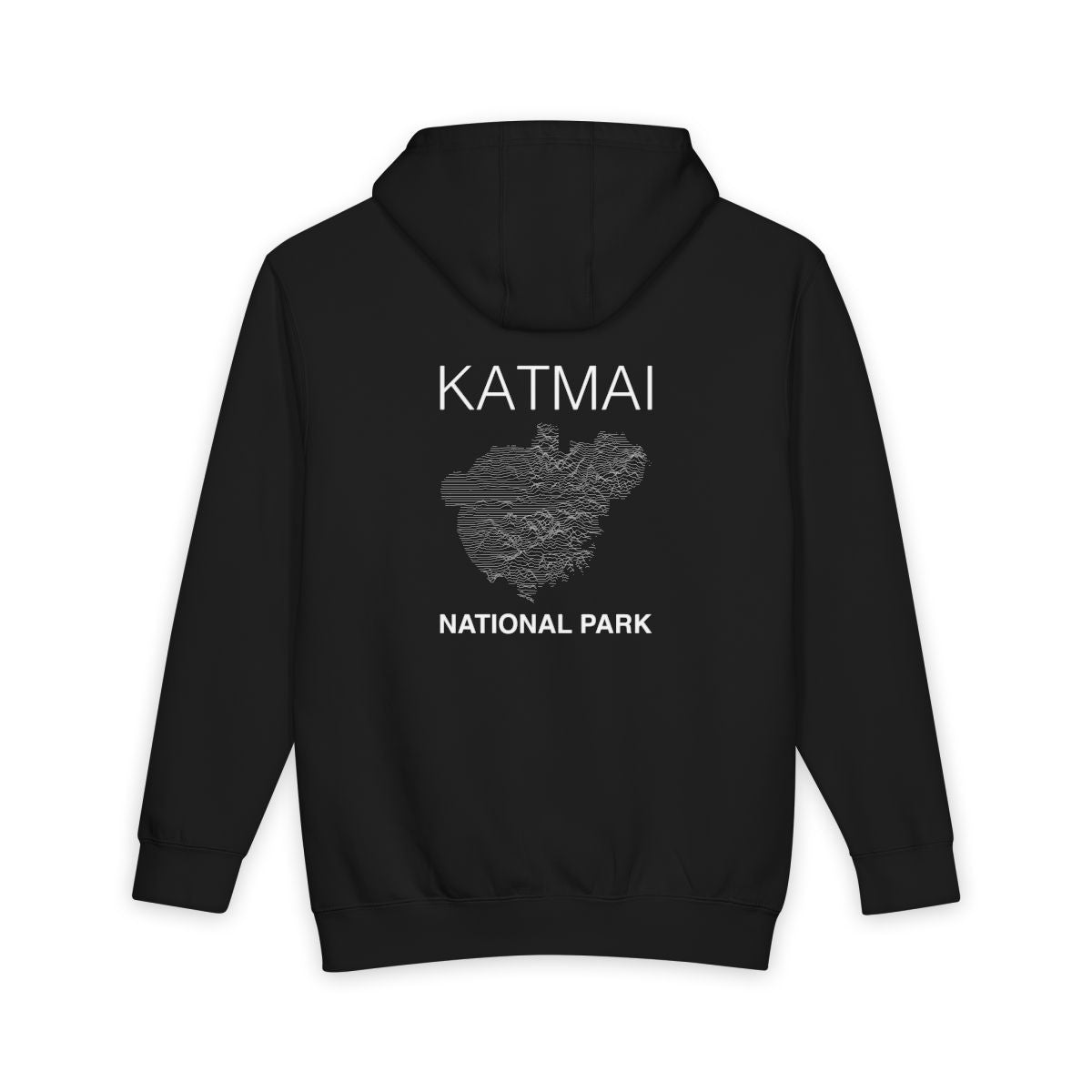 Black Katmai National Park hoodie, back view with topographic line design