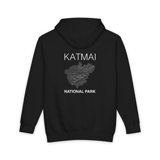 Black Katmai National Park hoodie, back view with topographic line design
