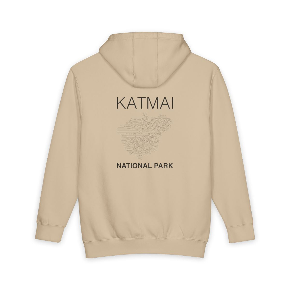Mushroom Katmai National Park hoodie, back view with topographic line design