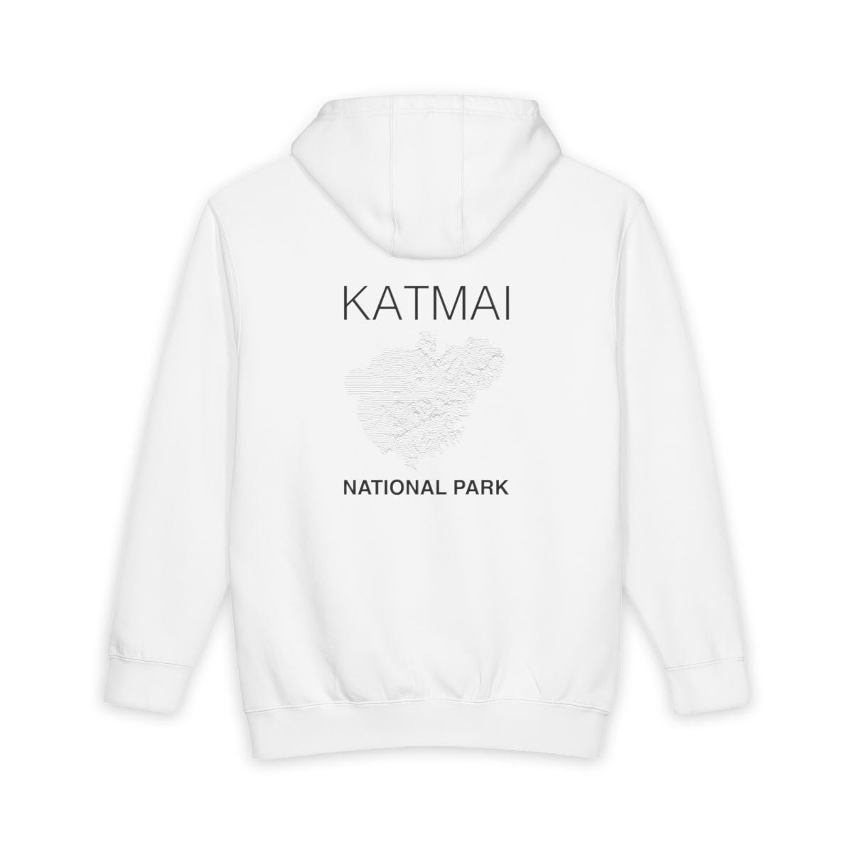 White Katmai National Park hoodie, back view with topographic line design