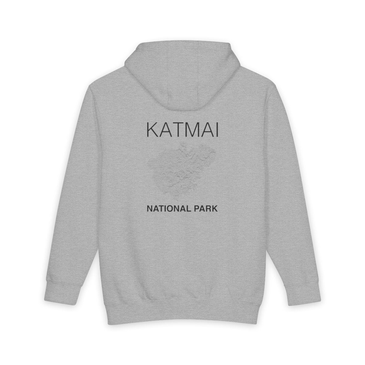Heather Grey Katmai National Park hoodie, back view with topographic line design