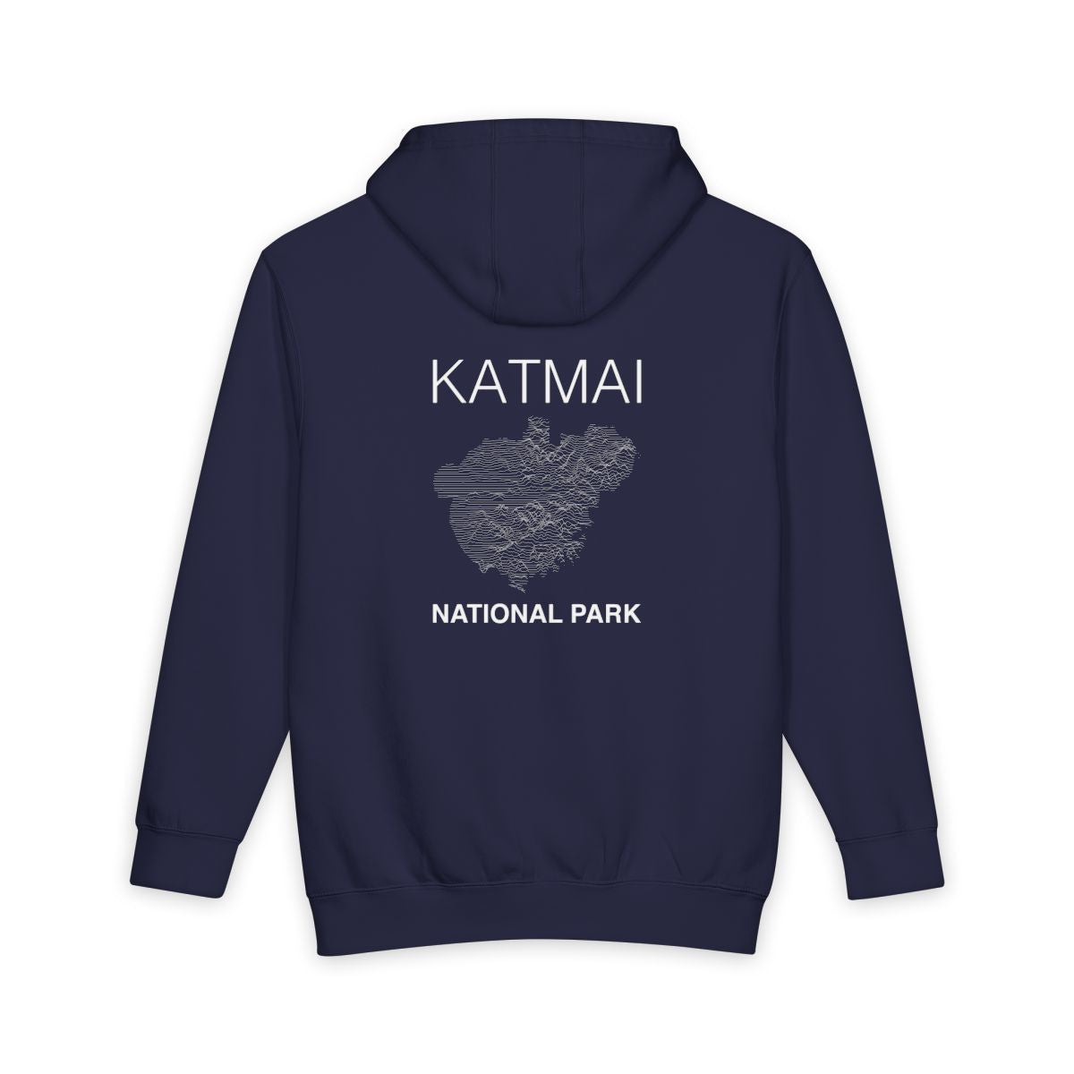 Navy Blue Katmai National Park hoodie, back view with topographic line design