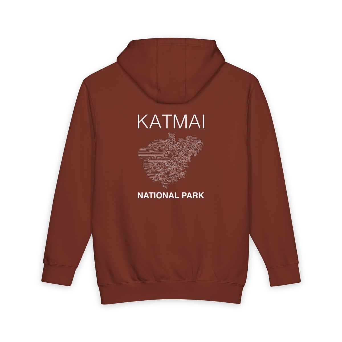 Paprika Katmai National Park hoodie, back view with topographic line design
