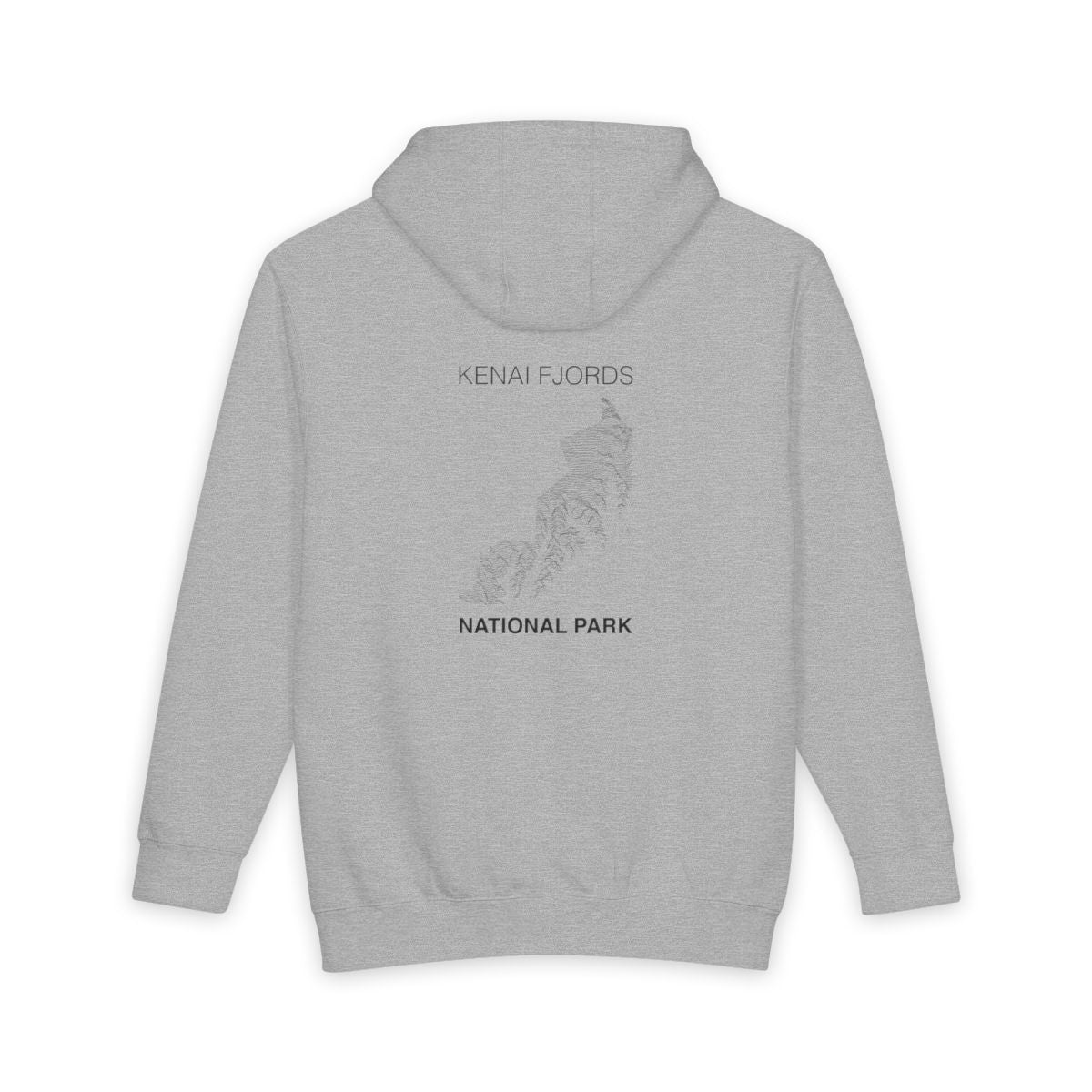 Heather Grey Kenai Fjords National Park hoodie, back view with topographic line design