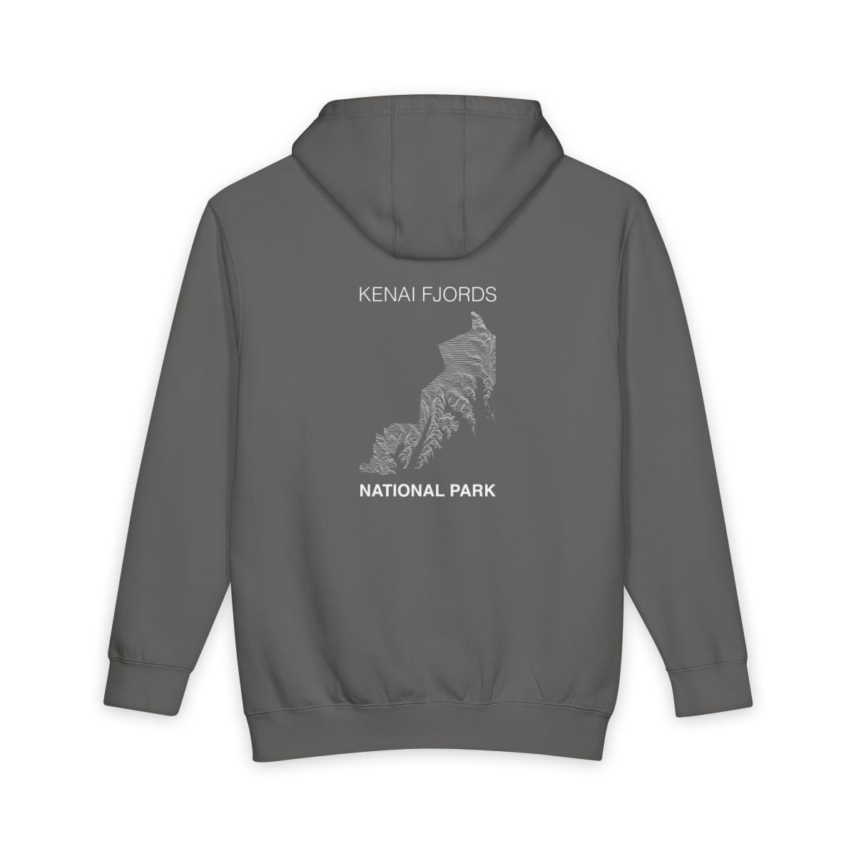 Storm Kenai Fjords National Park hoodie, back view with topographic line design