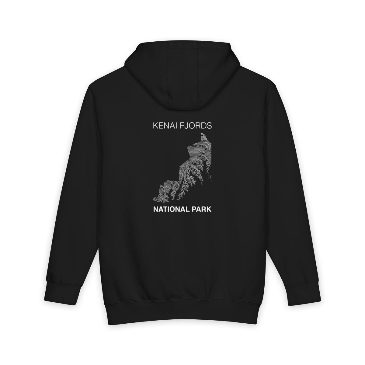 Black Kenai Fjords National Park hoodie, back view with topographic line design