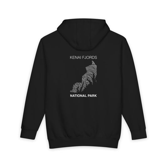 Black Kenai Fjords National Park hoodie, back view with topographic line design