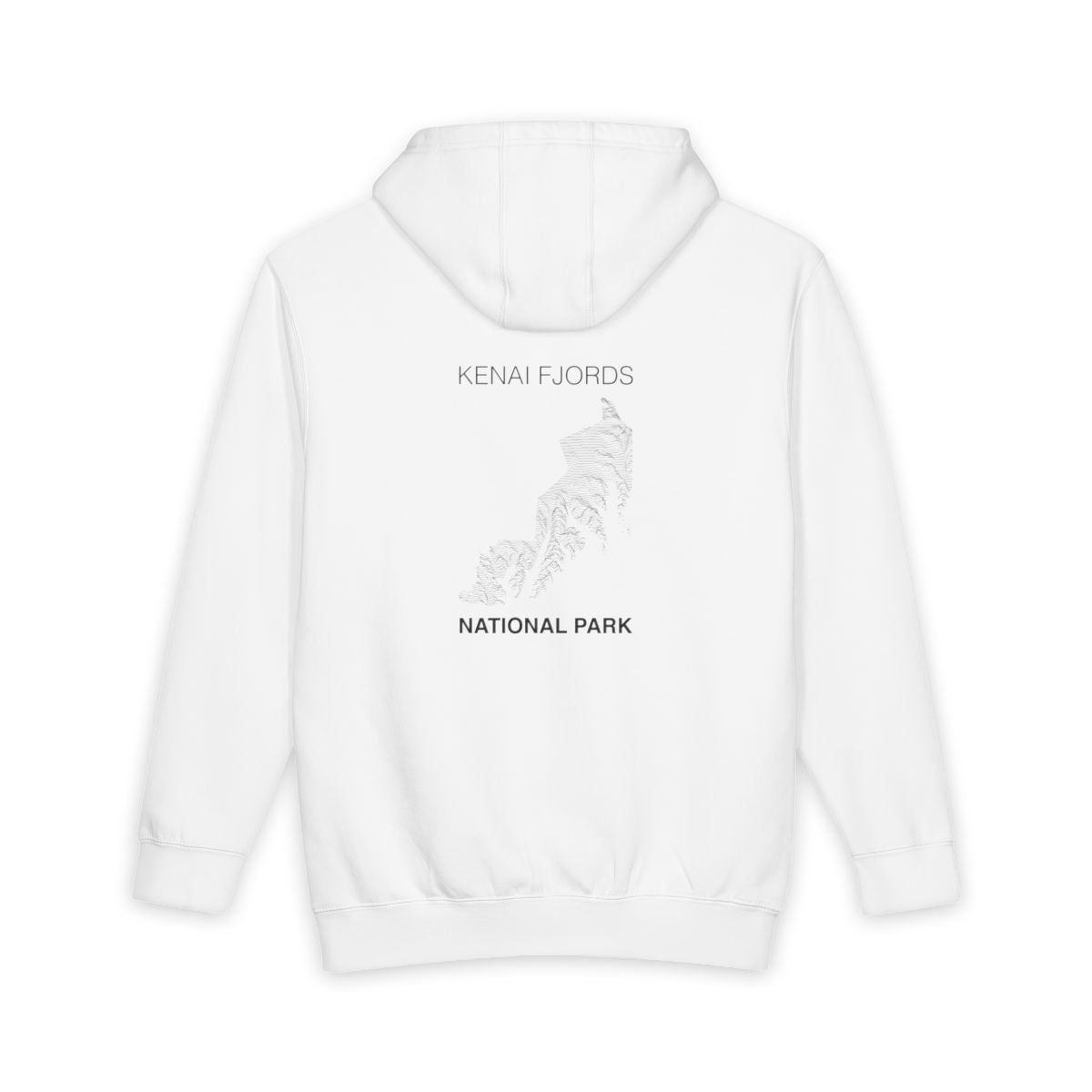 White Kenai Fjords National Park hoodie, back view with topographic line design