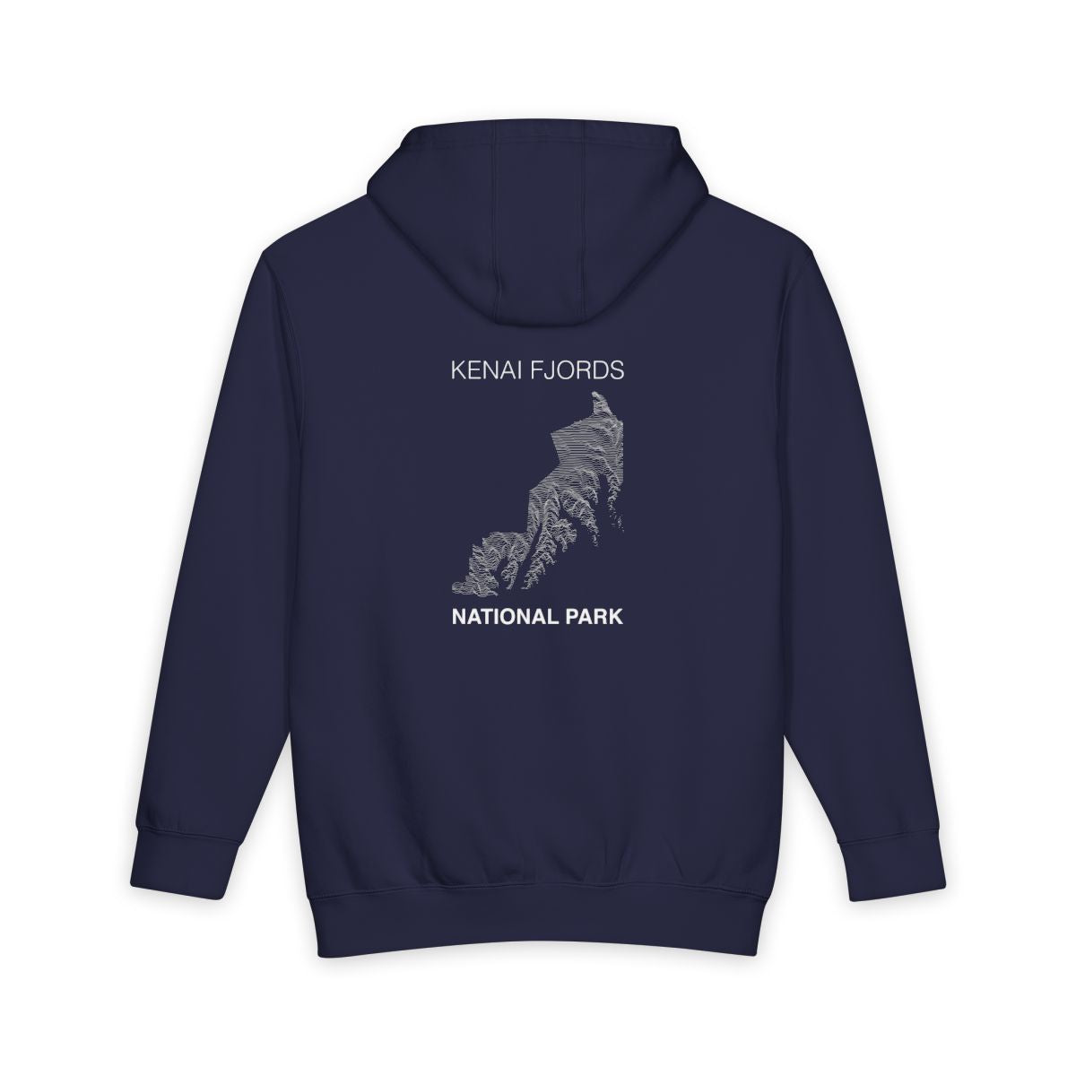 Navy Blue Kenai Fjords National Park hoodie, back view with topographic line design