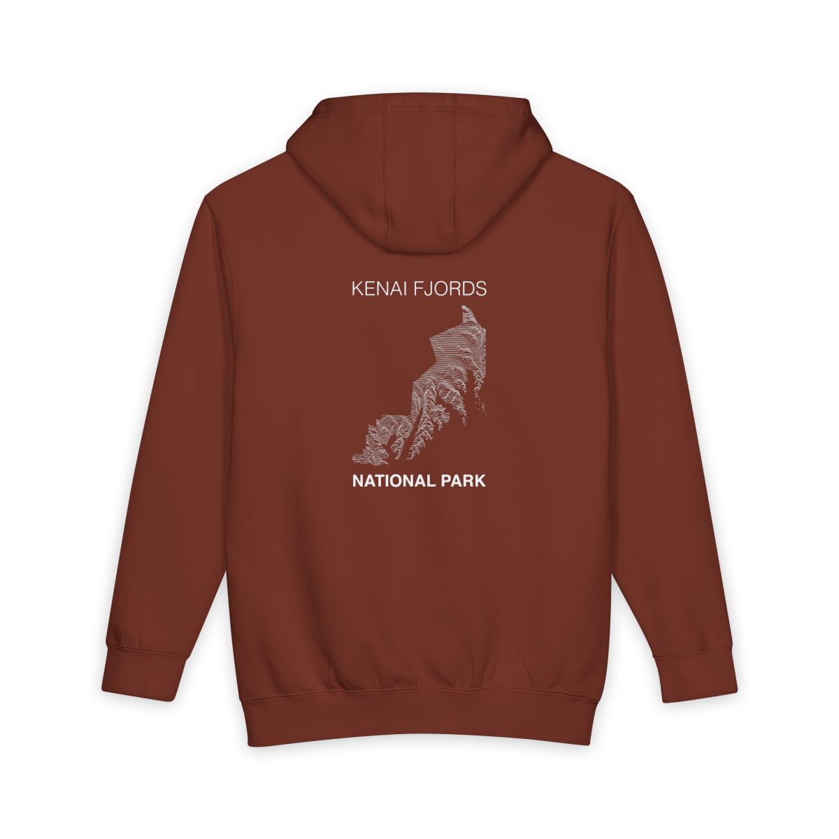 Paprika Kenai Fjords National Park hoodie, back view with topographic line design