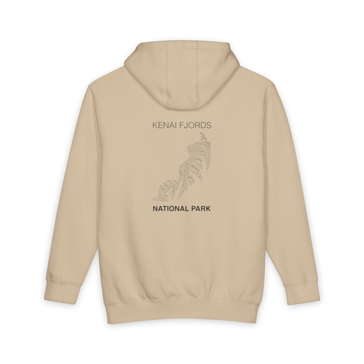 Mushroom Kenai Fjords National Park hoodie, back view with topographic line design