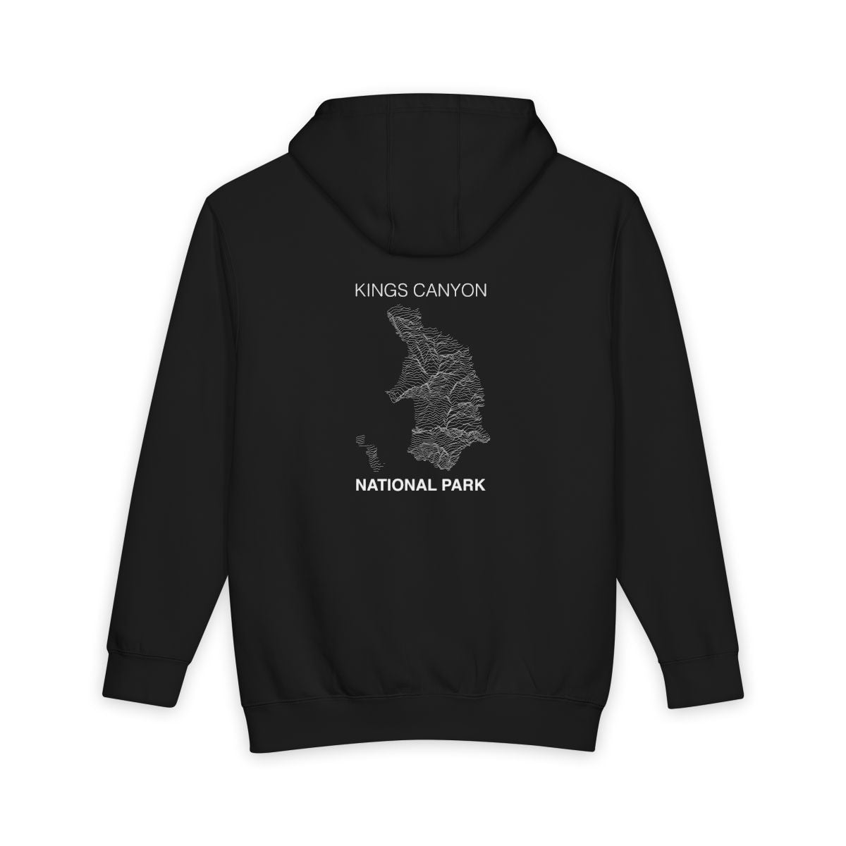 Black Kings Canyon National Park hoodie, back view with topographic line design