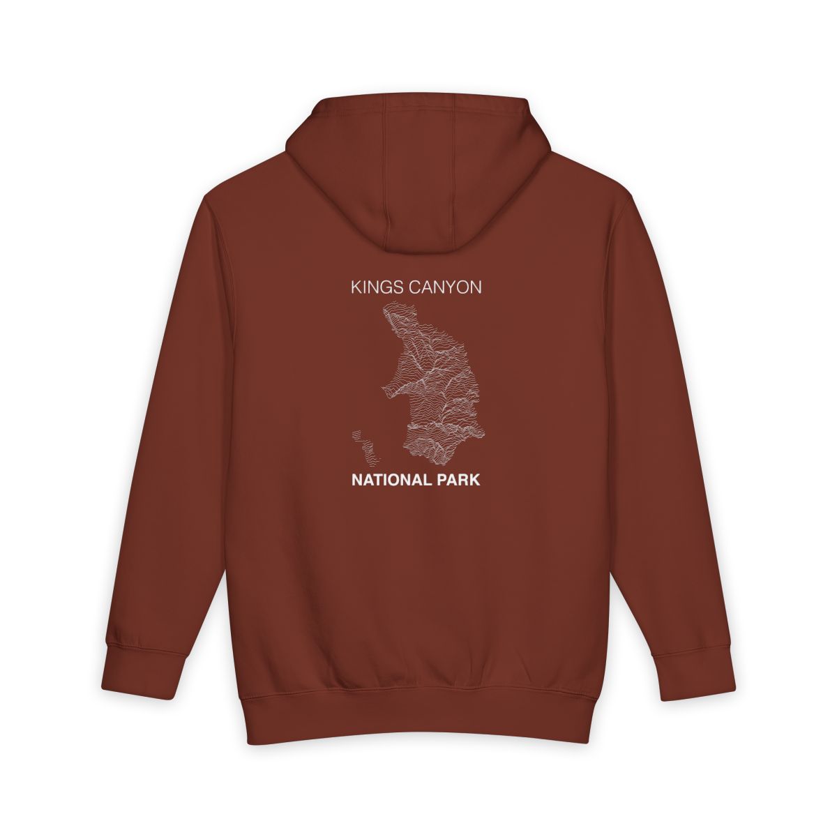Paprika Kings Canyon National Park hoodie, back view with topographic line design