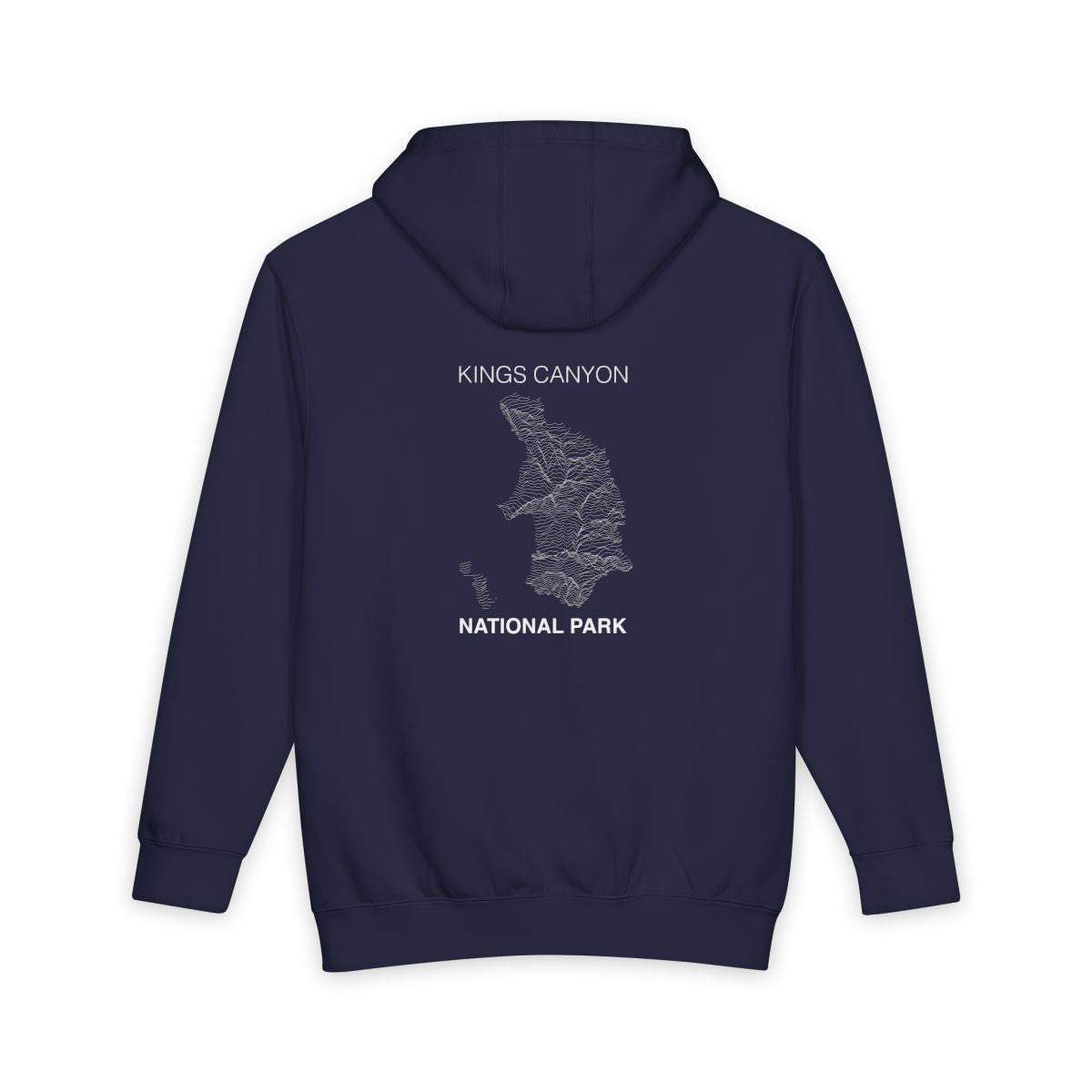 Navy Blue Kings Canyon National Park hoodie, back view with topographic line design