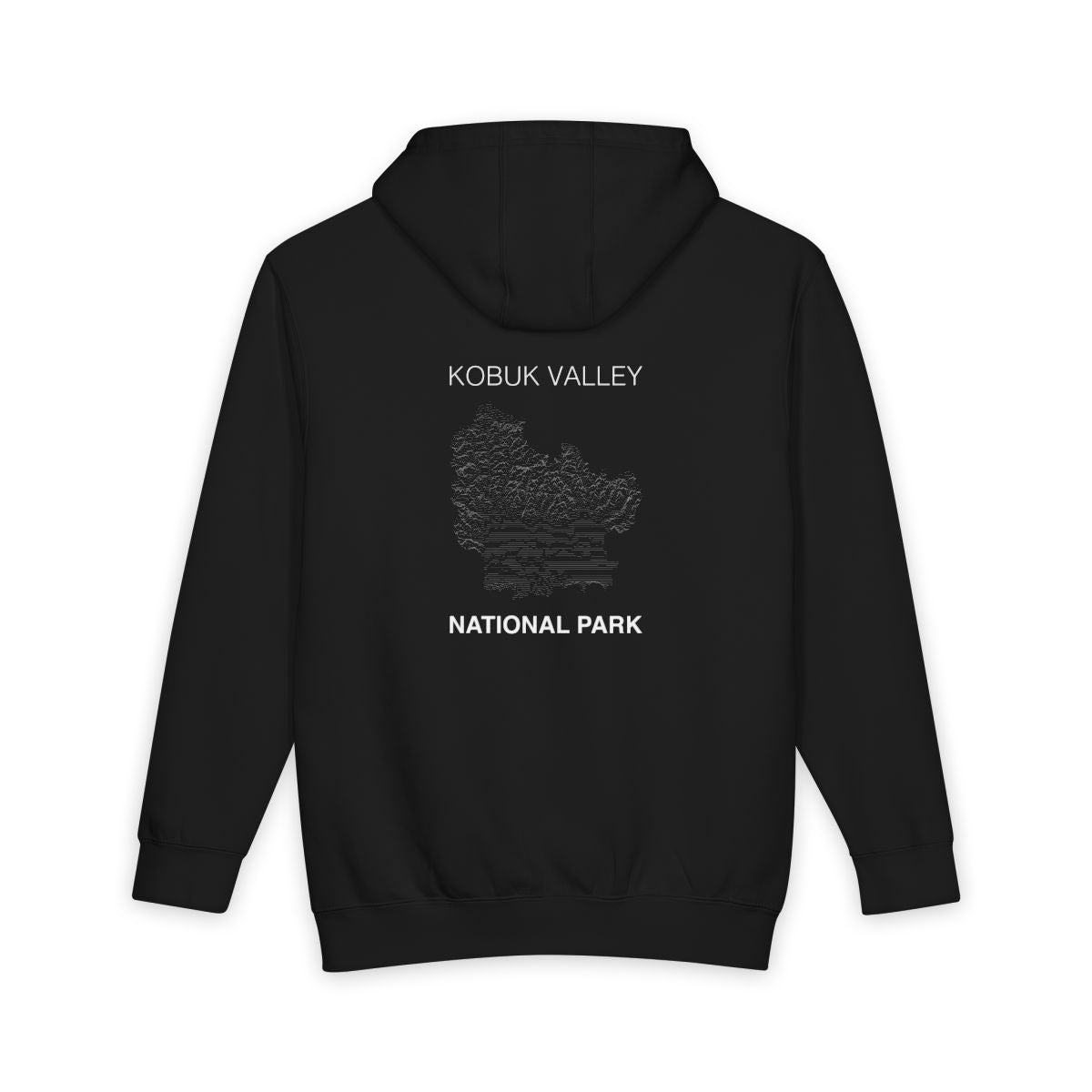 Black Kobuk Valley National Park hoodie, back view with topographic line design
