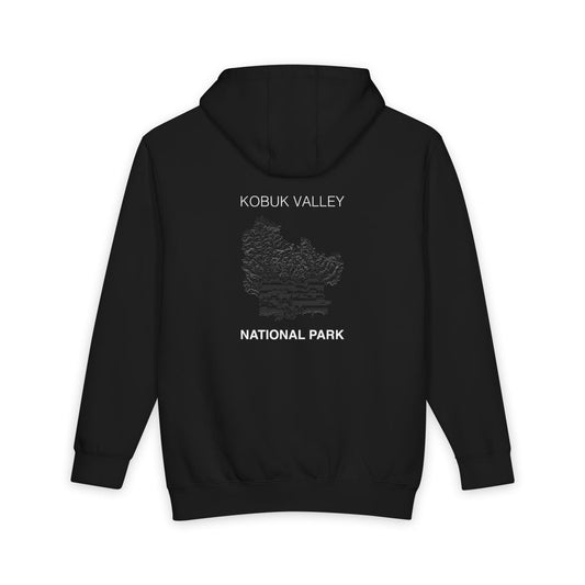Black Kobuk Valley National Park hoodie, back view with topographic line design
