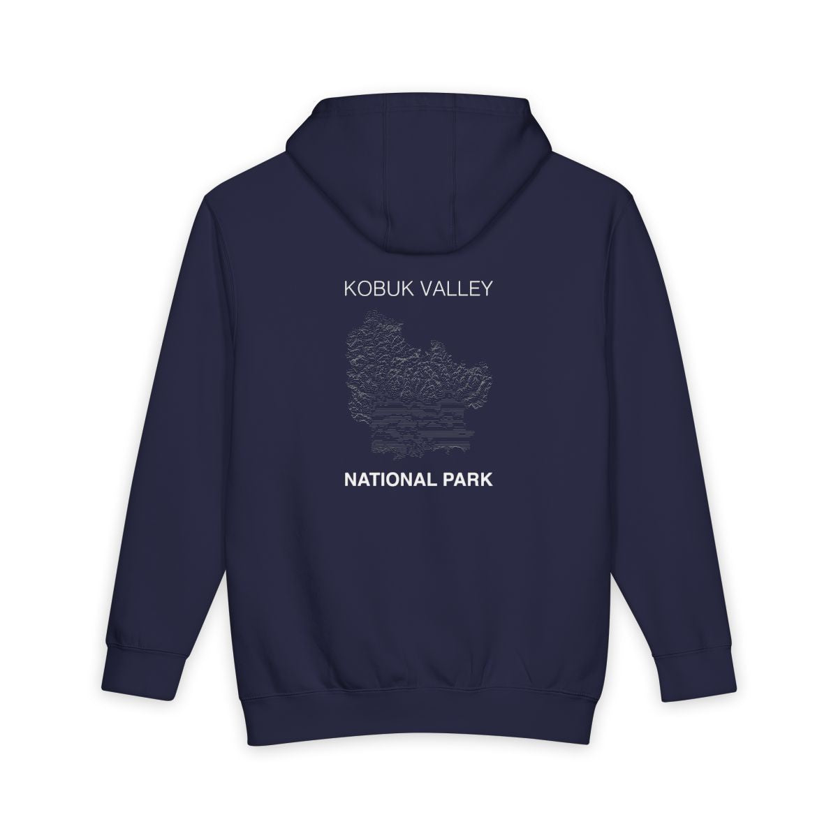 Navy Blue Kobuk Valley National Park hoodie, back view with topographic line design