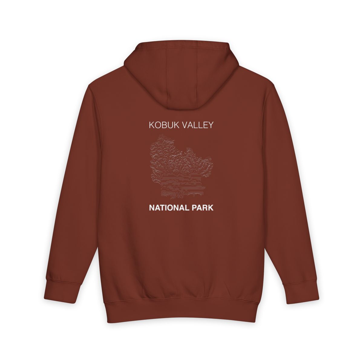 Paprika Kobuk Valley National Park hoodie, back view with topographic line design