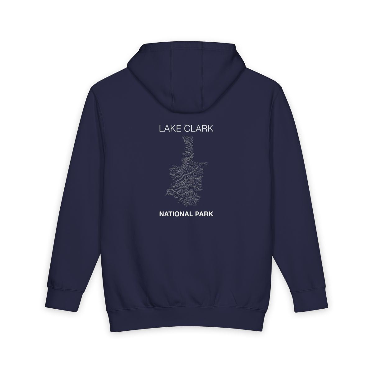 Navy Blue Lake Clark National Park hoodie, back view with topographic line design