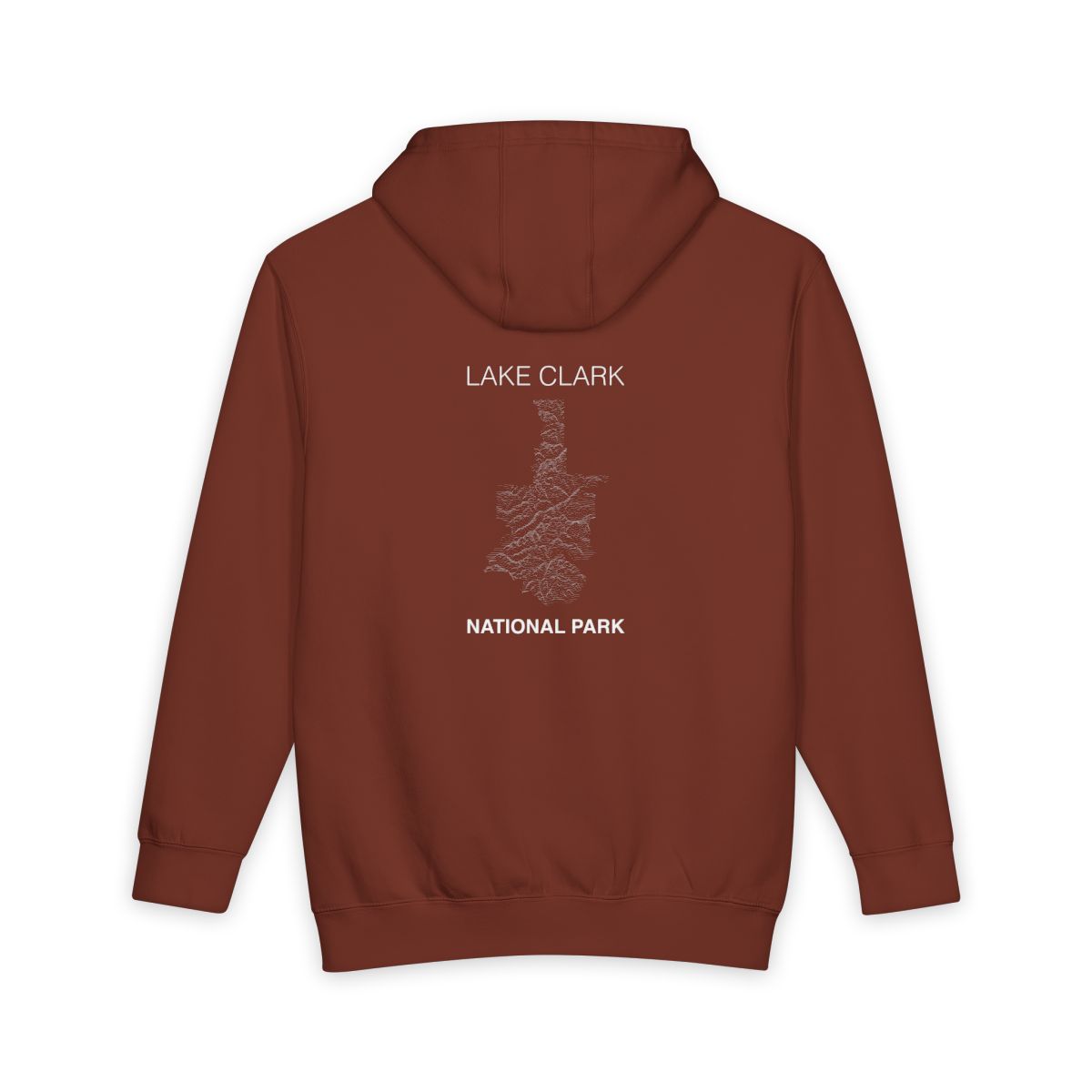 Paprika Lake Clark National Park hoodie, back view with topographic line design