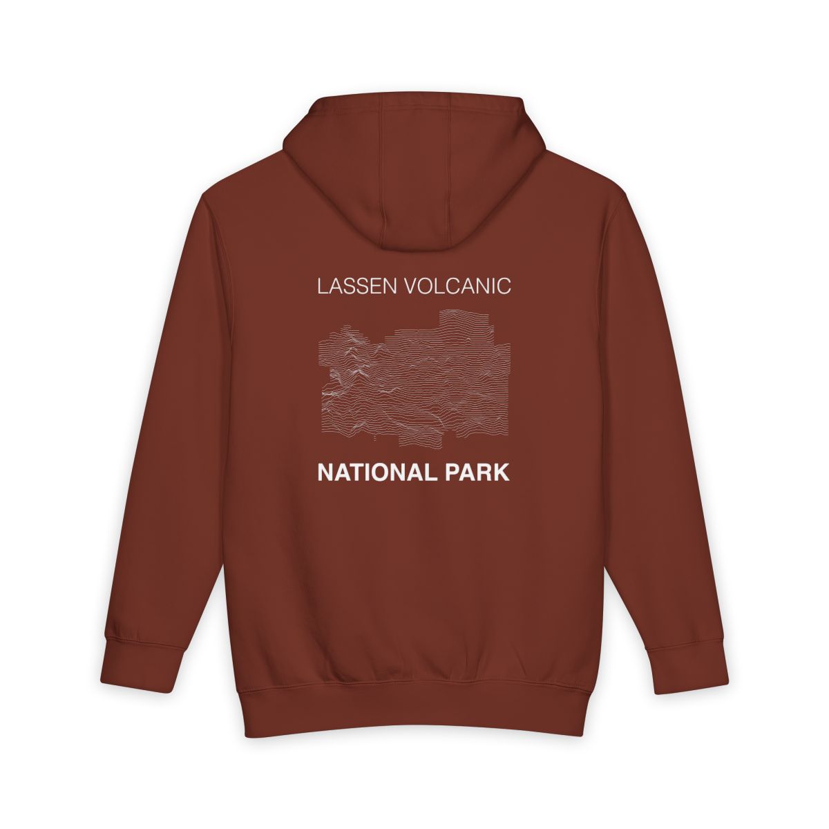 Paprika Lassen Volcanic National Park hoodie, back view with topographic line design