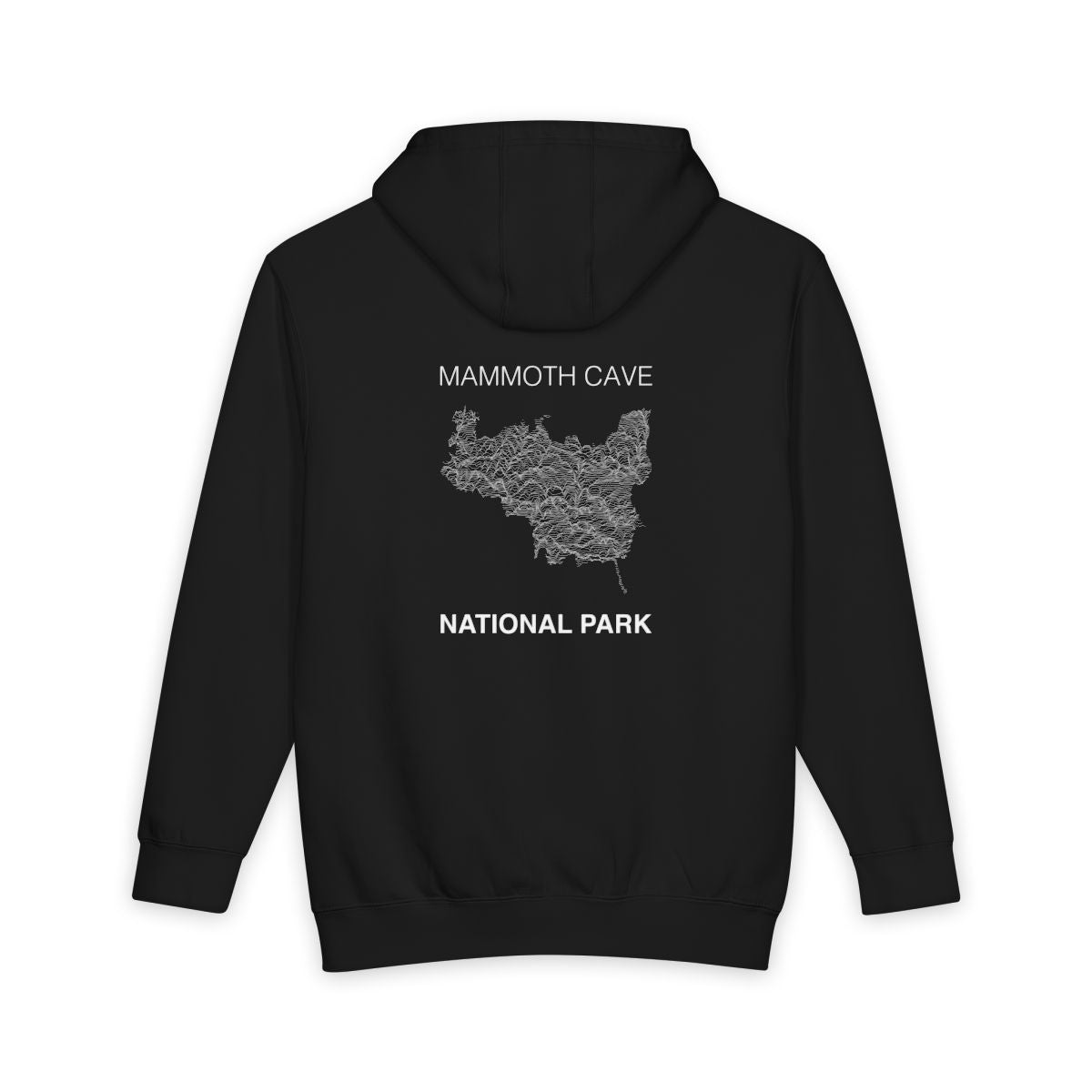 Black Mammoth Cave National Park hoodie, back view with topographic line design