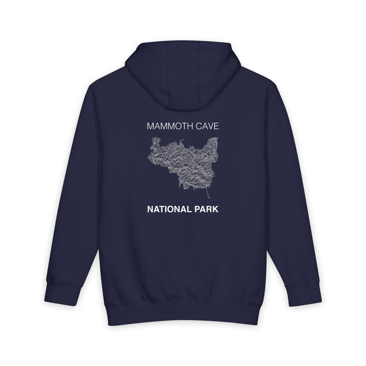 Navy Blue Mammoth Cave National Park hoodie, back view with topographic line design