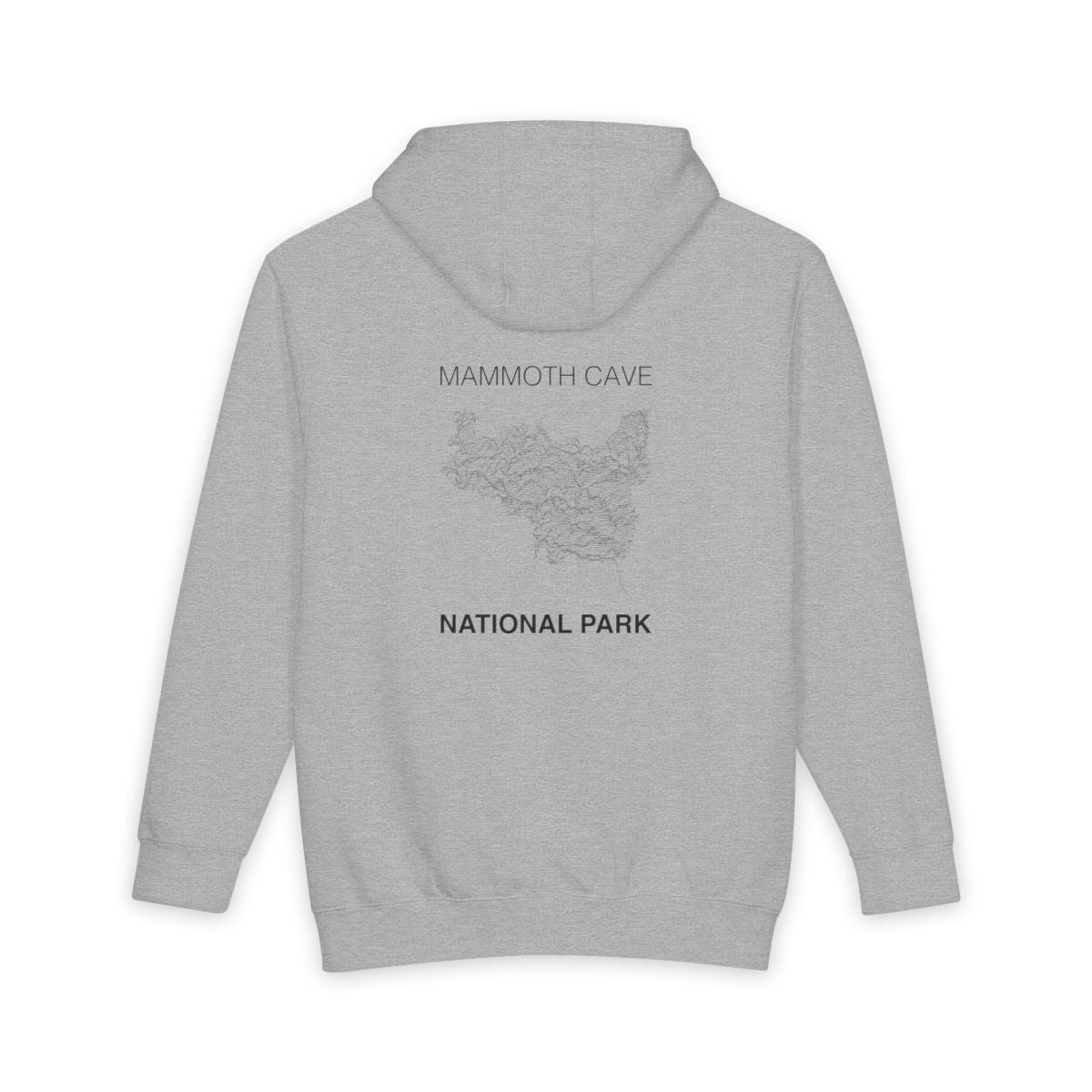 Heather Grey Mammoth Cave National Park hoodie, back view with topographic line design