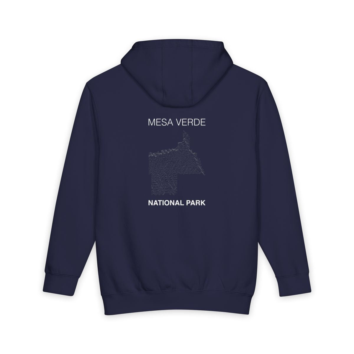 Navy Blue Mesa Verde National Park hoodie, back view with topographic line design