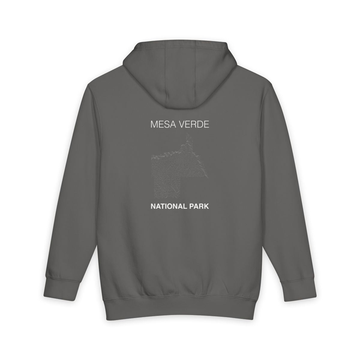 Storm Mesa Verde National Park hoodie, back view with topographic line design