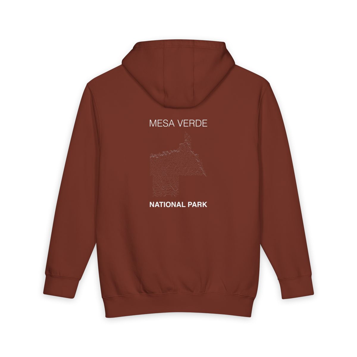 Paprika Mesa Verde National Park hoodie, back view with topographic line design
