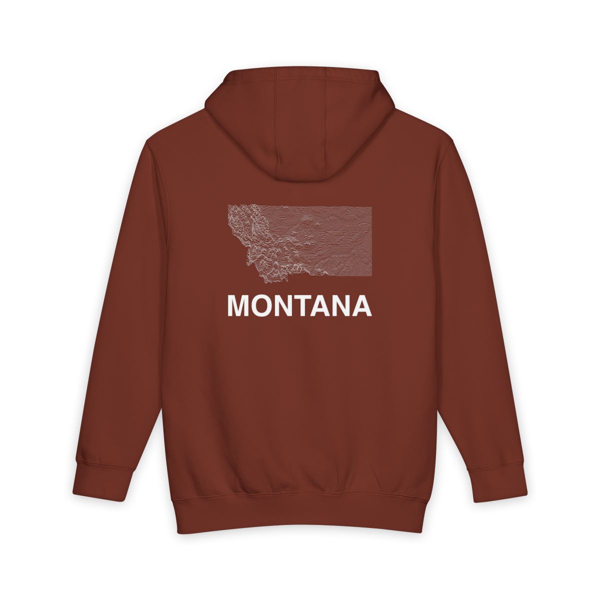 Paprika Montana hoodie, back view with topographic line design