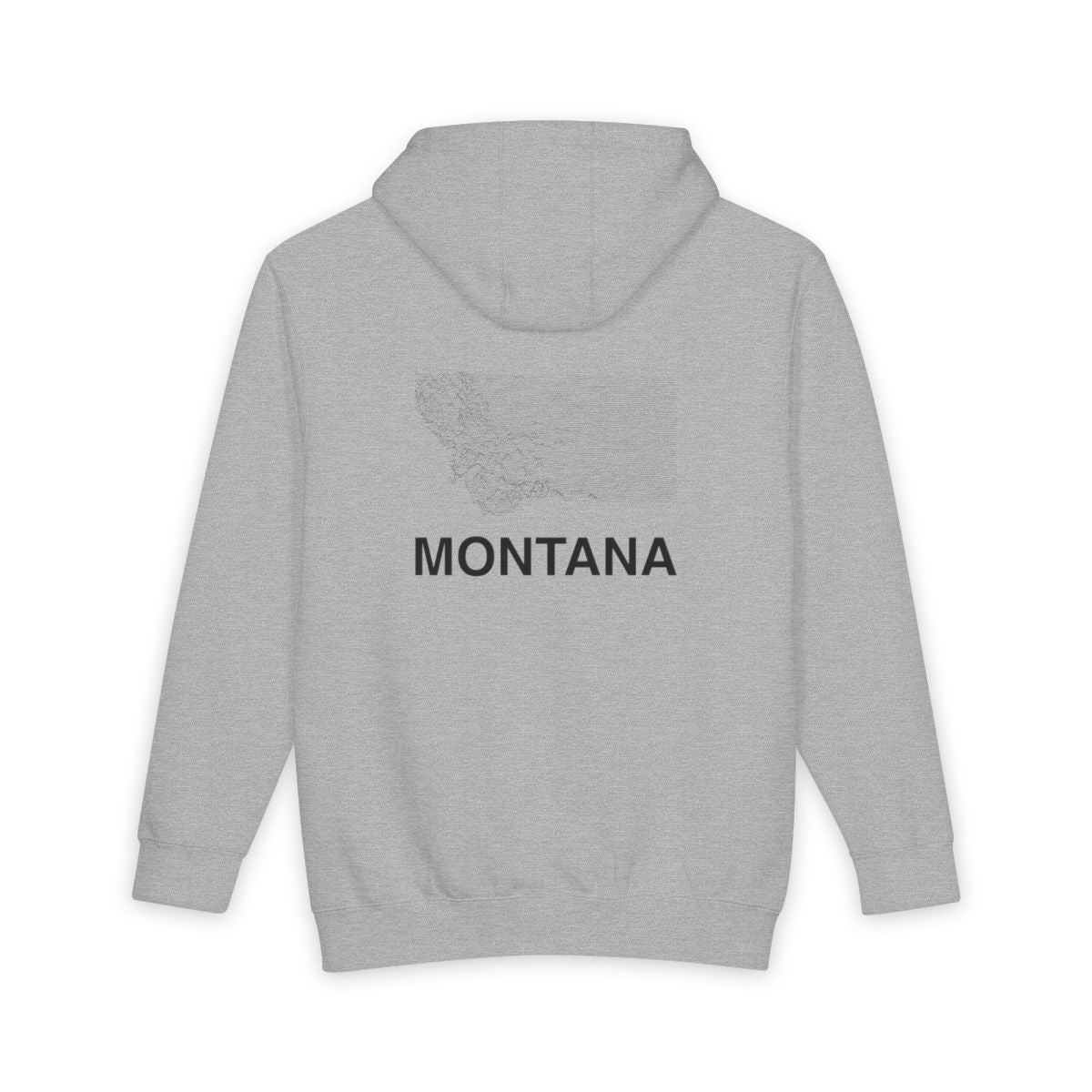 Heather Grey Montana hoodie, back view with topographic line design