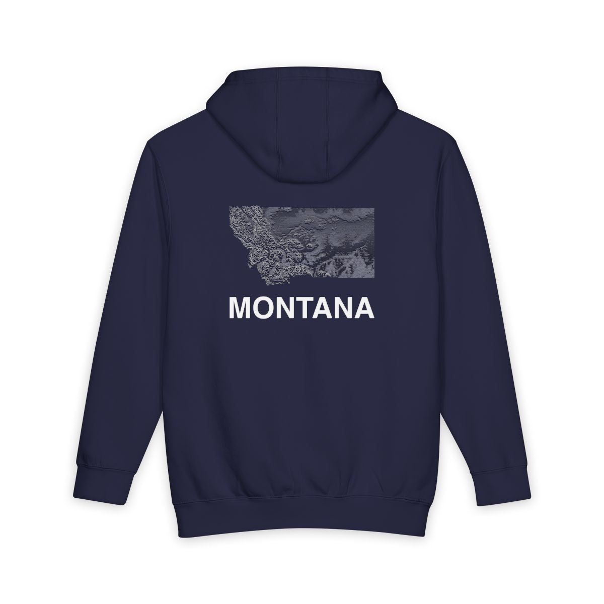 Navy Blue Montana hoodie, back view with topographic line design