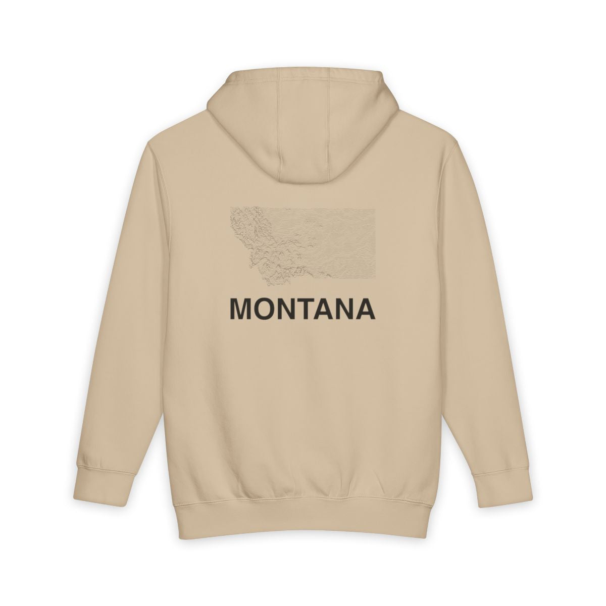 Mushroom Montana hoodie, back view with topographic line design