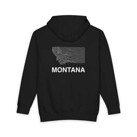 Black Montana hoodie, back view with topographic line design
