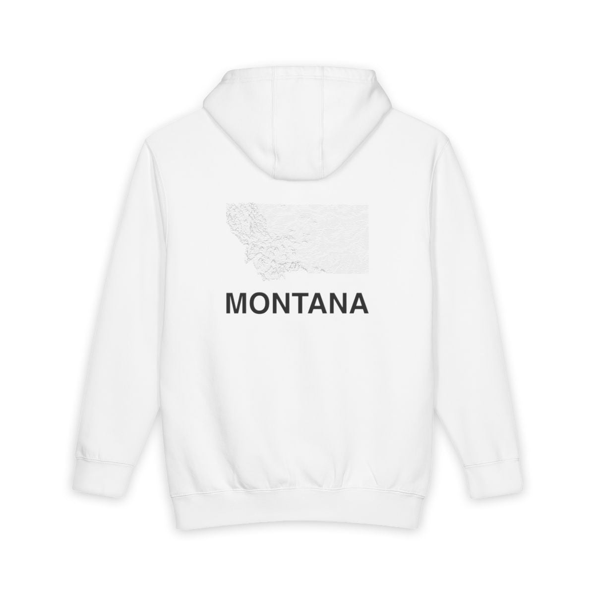 White Montana hoodie, back view with topographic line design
