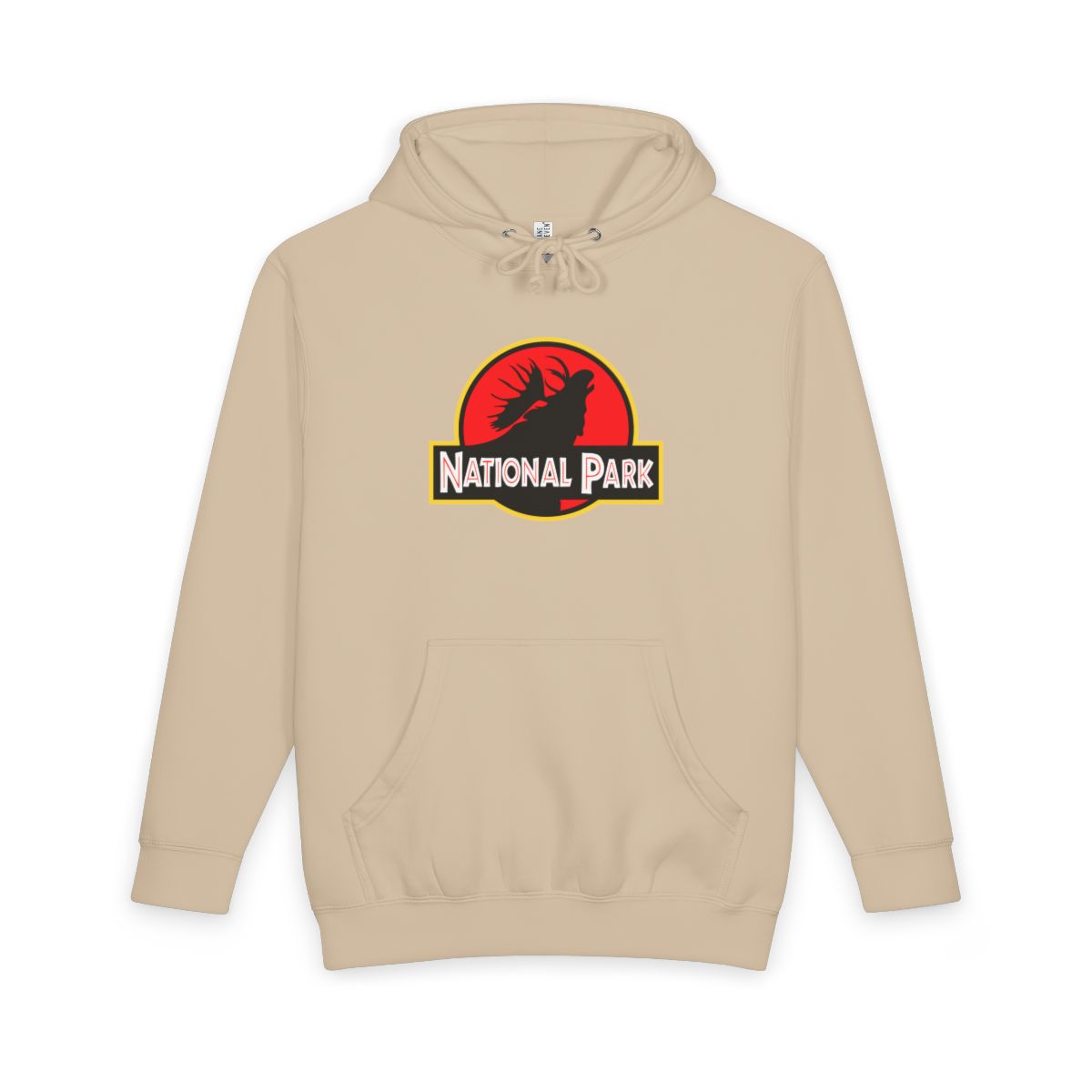 Mushroom Moose National Park hoodie, front view with parody logo